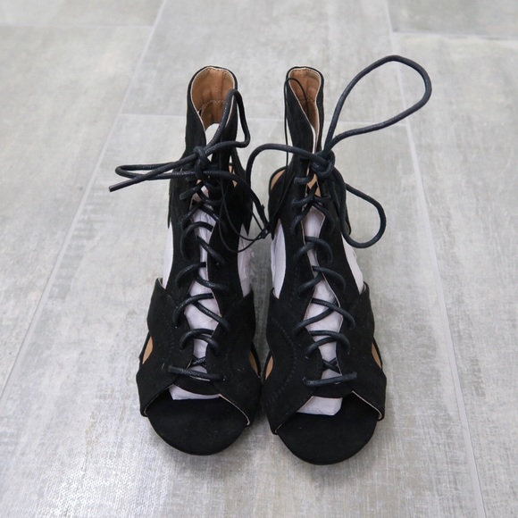 Faux suede cutout lace up chunky heels - Picture 3 of 5